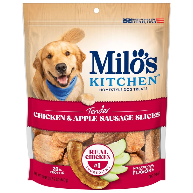 Milo's Kitchen Homestyle Dog Treats, Chicken & Apple Sausage Slices, 18 Ounce, High Protein, No Artificial Flavors - Image 1